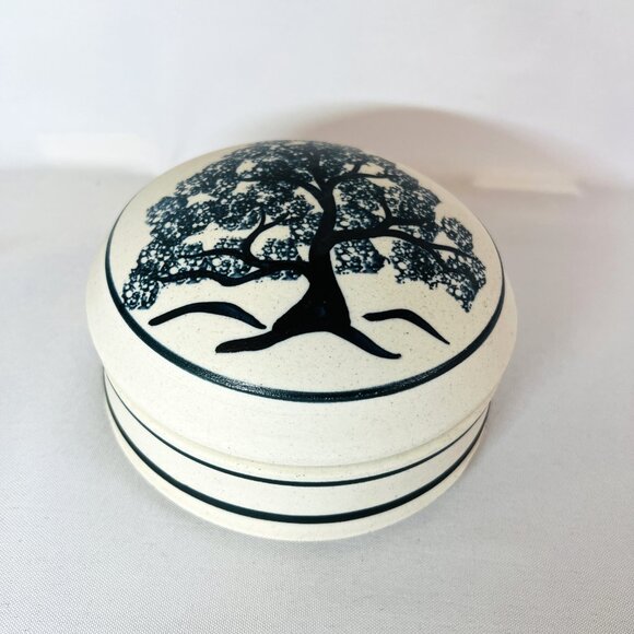 Tree of Life Lidded Trinket Box Vintage Hand Painted Ceramic Cobalt Blue Signed - Picture 7 of 12